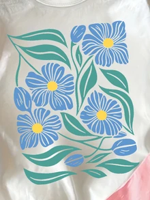 SHEIN 3件組女童休閒仙氣風夏威夷海灘1歲生日落日圖案印花短版T恤，白色/嬰兒粉，夏季校園日常穿著 - 彩色 - 查看 7