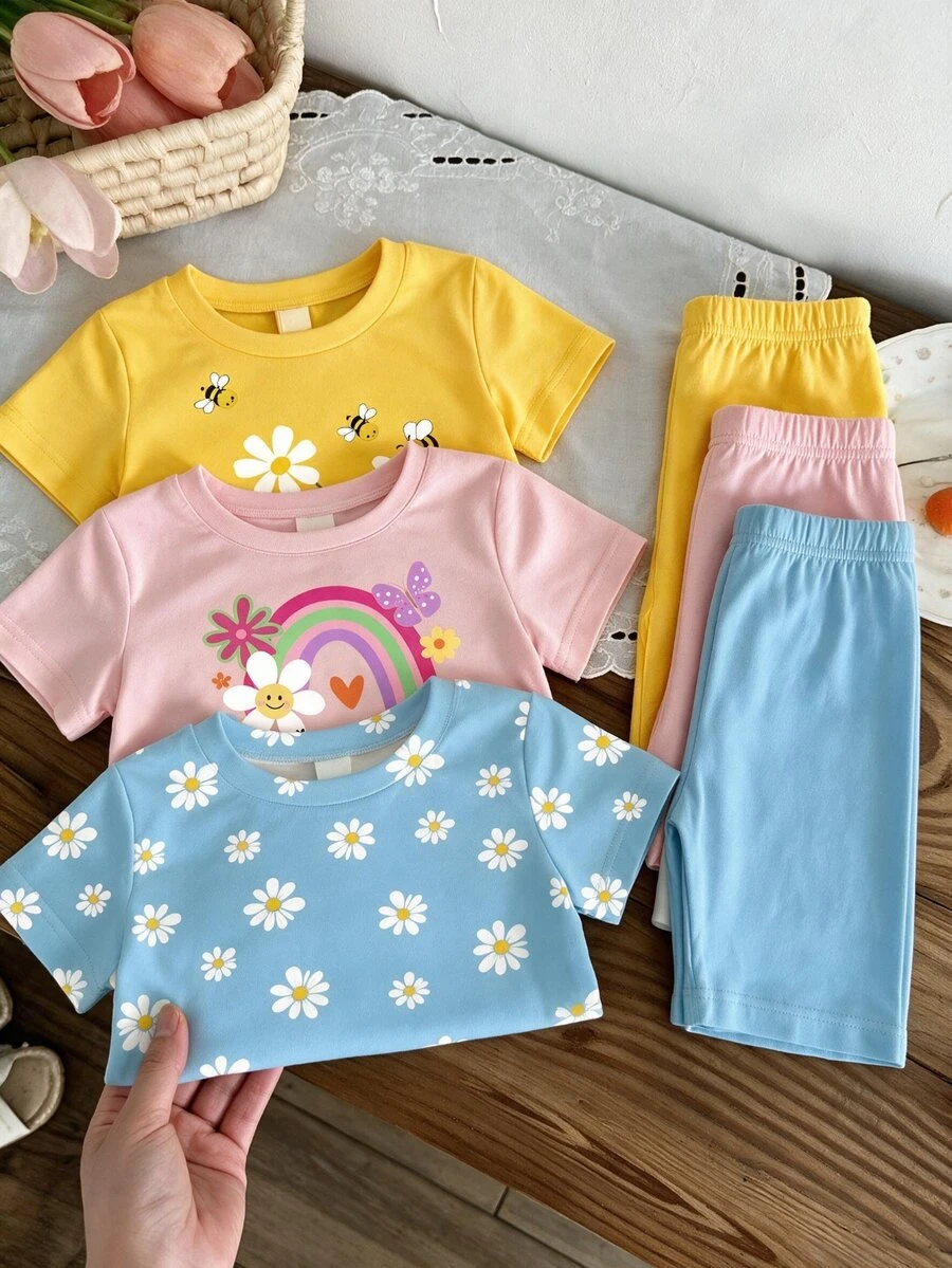 SHEIN 3 PIECE RANDOM 4-7 Years Old Girls Cute & Fresh Rainbow Daisy Bee Print Short Sleeve Tops, Lightweight Casual Wear, School Outfit, Random Pattern - Multicolor - View 1