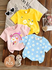 SHEIN 3 PIECE RANDOM 4-7 Years Old Girls Cute & Fresh Rainbow Daisy Bee Print Short Sleeve Tops, Lightweight Casual Wear, School Outfit, Random Pattern - Multicolor - View 3