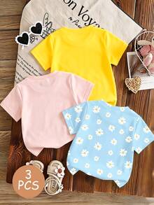 SHEIN 3 PIECE RANDOM 4-7 Years Old Girls Cute & Fresh Rainbow Daisy Bee Print Short Sleeve Tops, Lightweight Casual Wear, School Outfit, Random Pattern - Multicolor - View 2