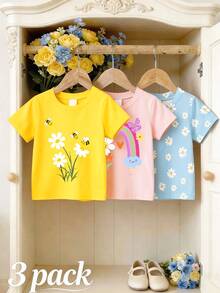 SHEIN 3 PIECE RANDOM 4-7 Years Old Girls Cute & Fresh Rainbow Daisy Bee Print Short Sleeve Tops, Lightweight Casual Wear, School Outfit, Random Pattern - Multicolor - View 4