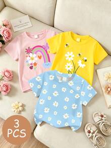 SHEIN 3 PIECE RANDOM 4-7 Years Old Girls Cute & Fresh Rainbow Daisy Bee Print Short Sleeve Tops, Lightweight Casual Wear, School Outfit, Random Pattern - Multicolor - View 5