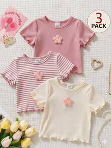 Playful Pals 3pcs/Set Baby Girls(6 Months-3 Years)Cute Summer Pink And White Striped Short Sleeve T-Shirts,Textured 3D Floral Ruffle Graduation Birthday Party Tops - Multicolor - View 6