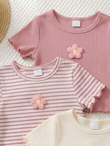 Playful Pals 3pcs/Set Baby Girls(6 Months-3 Years)Cute Summer Pink And White Striped Short Sleeve T-Shirts,Textured 3D Floral Ruffle Graduation Birthday Party Tops - Multicolor - View 7