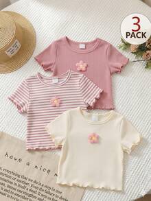 Playful Pals 3pcs/Set Baby Girls(6 Months-3 Years)Cute Summer Pink And White Striped Short Sleeve T-Shirts,Textured 3D Floral Ruffle Graduation Birthday Party Tops - Multicolor - View 4