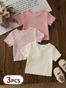 Playful Pals 3pcs/Set Baby Girls(6 Months-3 Years)Cute Summer Pink And White Striped Short Sleeve T-Shirts,Textured 3D Floral Ruffle Graduation Birthday Party Tops - Multicolor - View 2