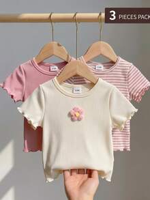 Playful Pals 3pcs/Set Baby Girls(6 Months-3 Years)Cute Summer Pink And White Striped Short Sleeve T-Shirts,Textured 3D Floral Ruffle Graduation Birthday Party Tops - Multicolor - View 5