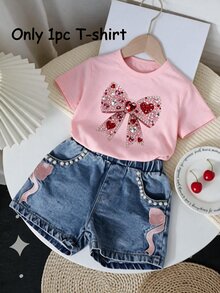 SHEIN Girls' Fashionable Pink Summer Short T-Shirt For First Birthday,Minimalist Shiny Bowknot Pattern Print Basic Top,Comfortable Daily Casual Wear - Pink - View 1