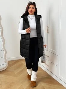 SHEIN EZwear Jaket Tanpa Lengan Berkerudung Serbaguna Kasual Musim Dingin Ukuran Besar - Hitam - View 11