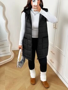 SHEIN EZwear Jaket Tanpa Lengan Berkerudung Serbaguna Kasual Musim Dingin Ukuran Besar - Hitam - View 6