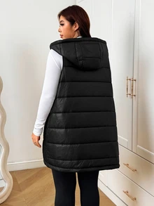 SHEIN EZwear Jaket Tanpa Lengan Berkerudung Serbaguna Kasual Musim Dingin Ukuran Besar - Hitam - View 3