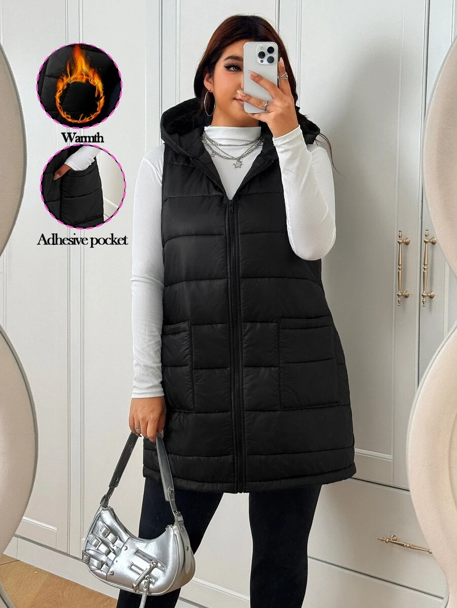 SHEIN EZwear Jaket Tanpa Lengan Berkerudung Serbaguna Kasual Musim Dingin Ukuran Besar