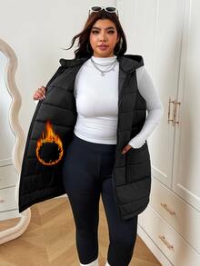 SHEIN EZwear Jaket Tanpa Lengan Berkerudung Serbaguna Kasual Musim Dingin Ukuran Besar - Hitam - View 12