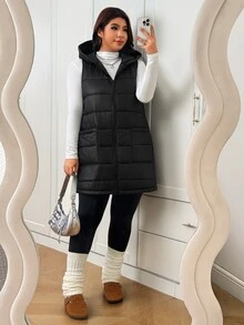 SHEIN EZwear Jaket Tanpa Lengan Berkerudung Serbaguna Kasual Musim Dingin Ukuran Besar - Hitam - View 9