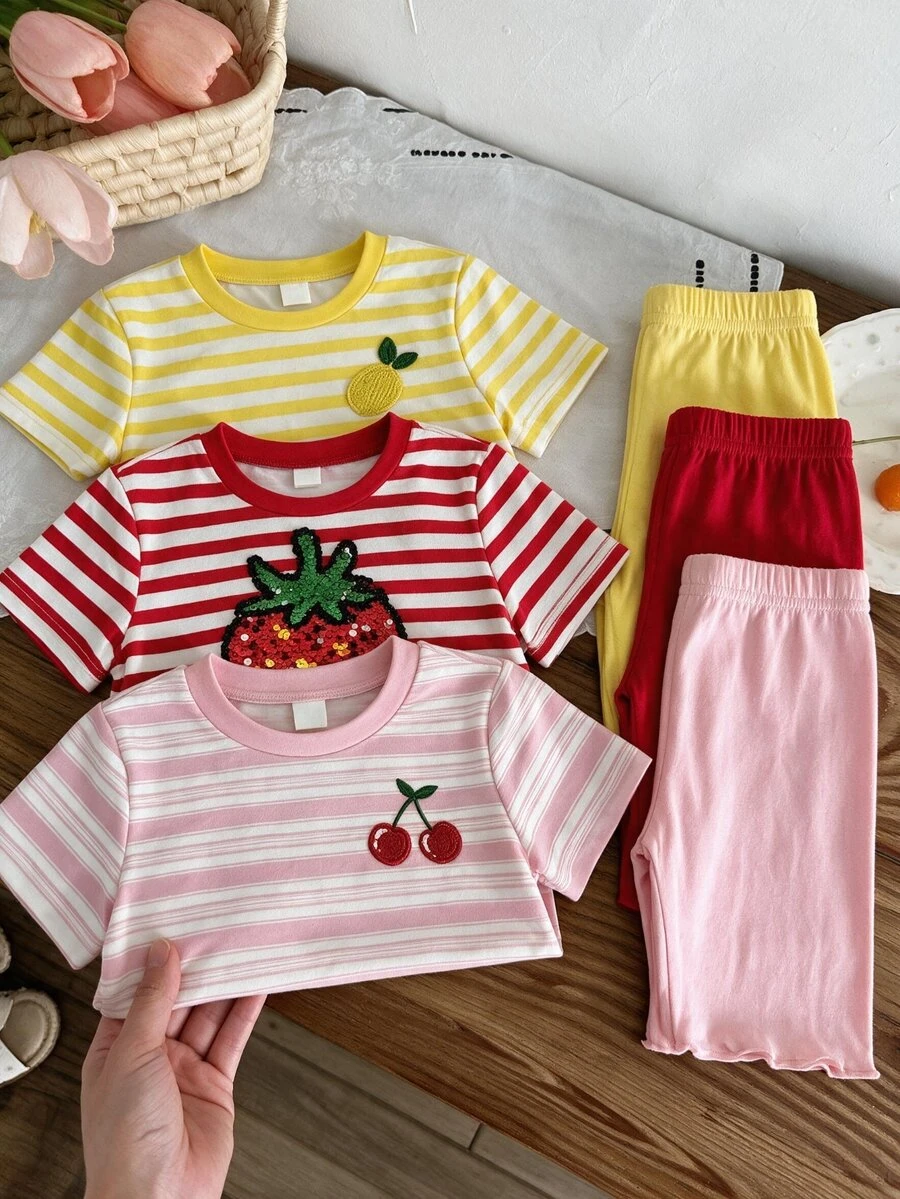 SHEIN 3件組 4-7歲女童活力水果印花嬰兒粉黃色短袖T恤套裝,夏季開學輕便休閒上衣 - 彩色 - 查看 1