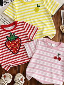 SHEIN 3件組 4-7歲女童活力水果印花嬰兒粉黃色短袖T恤套裝，夏季開學輕便休閒上衣 - 彩色 - 查看 5