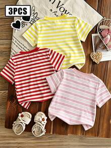 SHEIN 3件組 4-7歲女童活力水果印花嬰兒粉黃色短袖T恤套裝，夏季開學輕便休閒上衣 - 彩色 - 查看 2