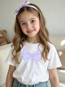 Elladie kids 女童幼童春夏秋款清爽可愛紫色蝴蝶結五角星圖案印花休閒基本款短袖T恤舒適日常穿搭 - 白色 - 查看 4