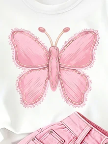 Elladie kids 女童簡約清新可愛粉色蝴蝶印花百搭白色短袖T恤，舒適四季日常穿著多功能卡哇伊仙氣風 - 白色 - 查看 5