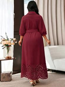 Modelyn Plus Size Women's Solid Color Waist Tie Casual Party Dress - Burgundy - View 2