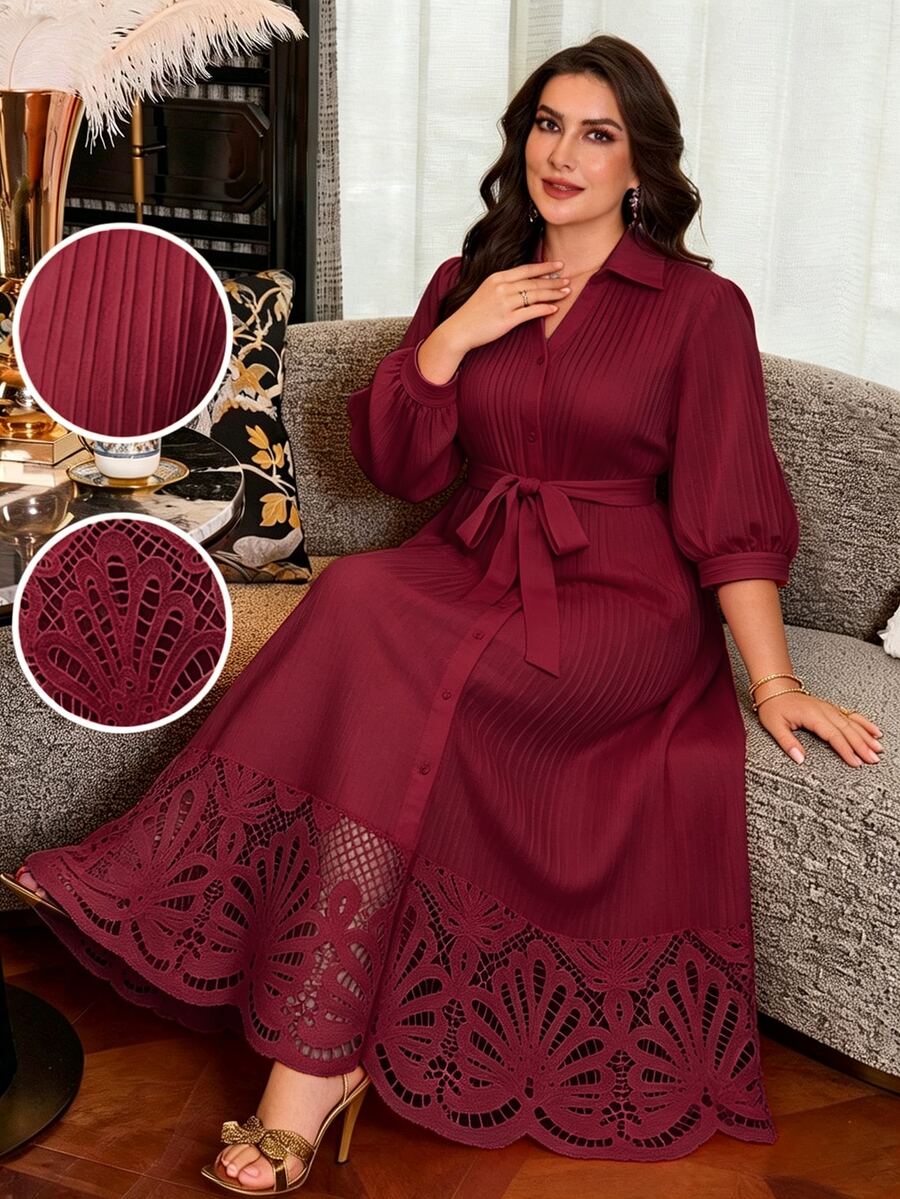 Modelyn Plus Size Women's Solid Color Waist Tie Casual Party Dress - Burgundy - View 1