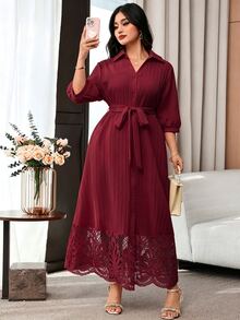 Modelyn Plus Size Women's Solid Color Waist Tie Casual Party Dress - Burgundy - View 4