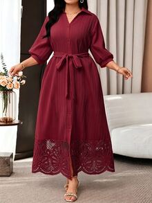 Modelyn Plus Size Women's Solid Color Waist Tie Casual Party Dress - Burgundy - View 5