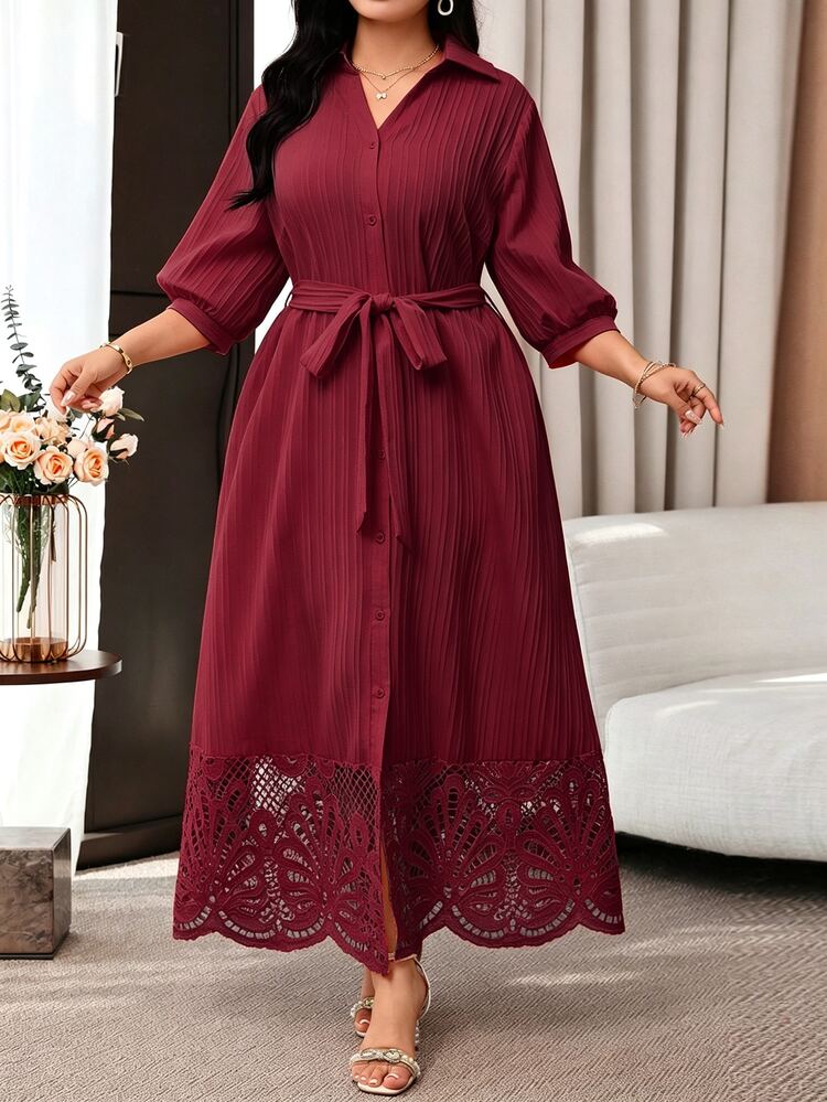 Modelyn Plus Size Women's Solid Color Waist Tie Casual Party Dress - Burgundy - View 5