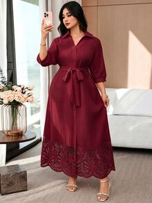 Modelyn Plus Size Women's Solid Color Waist Tie Casual Party Dress - Burgundy - View 6