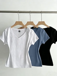 SHEIN EZwear 三件組女款夏季V領修身T恤套裝，龐克次文化動漫純色基礎V領短袖修身T恤 - 彩色 - 查看 3