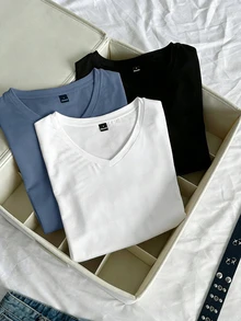 SHEIN EZwear 三件組女款夏季V領修身T恤套裝，龐克次文化動漫純色基礎V領短袖修身T恤 - 彩色 - 查看 6