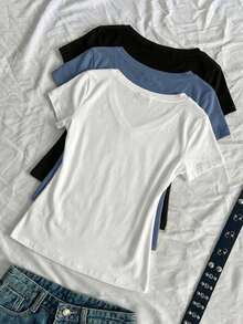 SHEIN EZwear 三件組女款夏季V領修身T恤套裝，龐克次文化動漫純色基礎V領短袖修身T恤 - 彩色 - 查看 2