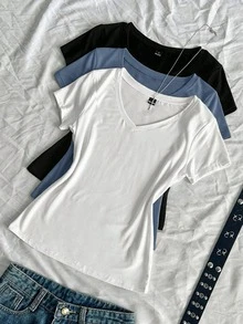 SHEIN EZwear 三件組女款夏季V領修身T恤套裝，龐克次文化動漫純色基礎V領短袖修身T恤 - 彩色 - 查看 1