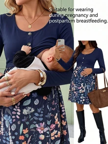 SHEIN Maternity Autumn Casual Floral Print Patchwork Dress - Navy Blue - View 3
