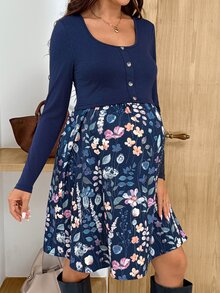 SHEIN Maternity Autumn Casual Floral Print Patchwork Dress - Navy Blue - View 7