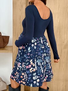 SHEIN Maternity Autumn Casual Floral Print Patchwork Dress - Navy Blue - View 4