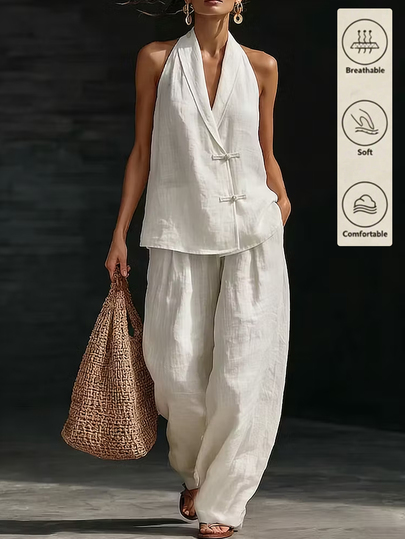 SHEIN Conjunto Feminino Elegante Estilo Francês 2 Peças, Blusa Elegante e Calça Pantalona, Blusa Sem Mangas com Decote em V e Botões, Calça Pantalona com Bolso e Cintura Elástica na Cor Damasco, Primavera, Verão, Outono e Inverno, Conjunto Feminino 2 Peças para Passeios, Encontros e Férias, Conjunto de Verão 2 Peças