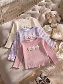 Set Baju Kaos Lengan Panjang Rajut Rib 3D Motif Bunga Plush Manis untuk Anak Perempuan (3 potong) dengan Hiasan Selada Lucu (Warna Baby Pink, Cocok untuk Musim Dingin dan Gugur) - MultiWarna - View 7