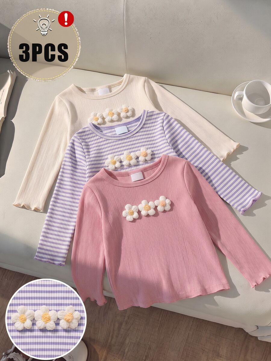 Set Baju Kaos Lengan Panjang Rajut Rib 3D Motif Bunga Plush Manis untuk Anak Perempuan (3 potong) dengan Hiasan Selada Lucu (Warna Baby Pink, Cocok untuk Musim Dingin dan Gugur) - MultiWarna - View 1