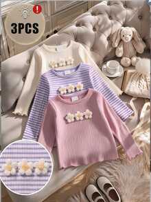 Set Baju Kaos Lengan Panjang Rajut Rib 3D Motif Bunga Plush Manis untuk Anak Perempuan (3 potong) dengan Hiasan Selada Lucu (Warna Baby Pink, Cocok untuk Musim Dingin dan Gugur) - MultiWarna - View 6