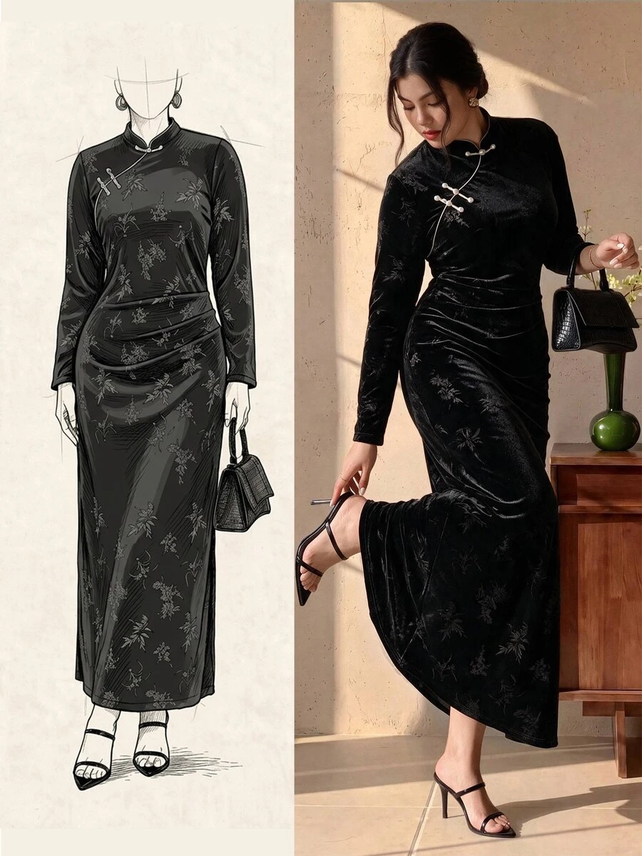 EastFlair Gaun Lengan Panjang Jacquard Kancing Katak Elegan Ukuran Plus untuk Musim Gugur - Hitam - View 1