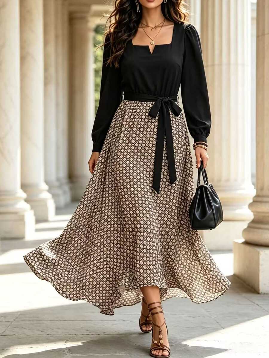 Velvienne Plus Size Lady's Elegant Fall Long-Style Autumn Dress - Black - View 1