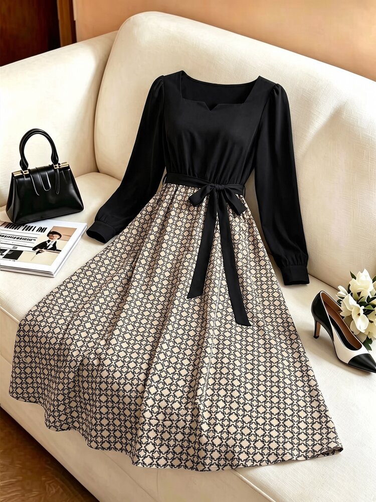 Velvienne Plus Size Lady's Elegant Fall Long-Style Autumn Dress - Black - View 4