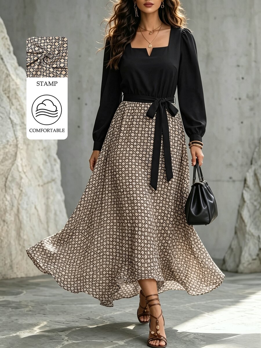 Velvienne Plus Size Lady's Elegant Fall Long-Style Autumn Dress - Black - View 1