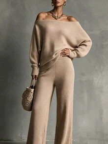 Omancia Elegant Women's Set Casual Commute Ribbed Texture Sweater 2 Pieces Set Beige Autumn Winter Women's Winter Set Outfits Autumn Vintage Modest French - Khaki - View 8