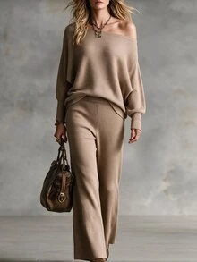 Omancia Elegant Women's Set Casual Commute Ribbed Texture Sweater 2 Pieces Set Beige Autumn Winter Women's Winter Set Outfits Autumn Vintage Modest French - Khaki - View 3