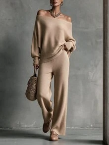 Omancia Elegant Women's Set Casual Commute Ribbed Texture Sweater 2 Pieces Set Beige Autumn Winter Women's Winter Set Outfits Autumn Vintage Modest French - Khaki - View 1