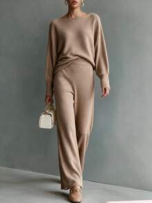 Omancia Elegant Women's Set Casual Commute Ribbed Texture Sweater 2 Pieces Set Beige Autumn Winter Women's Winter Set Outfits Autumn Vintage Modest French - Khaki - View 5