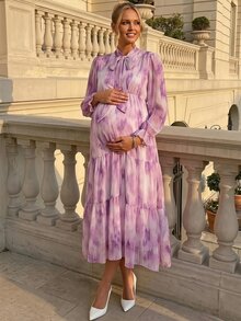 SHEIN Elegant Maternity Tie-Dye Print Commuter Dress - Purple - View 11