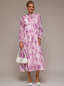 SHEIN Elegant Maternity Tie-Dye Print Commuter Dress - Purple - View 5